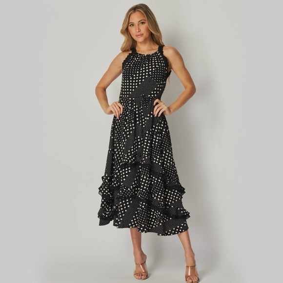 Black and White Polka Dot Ruffle Skirt Midi Dress - Picture 1 of 5